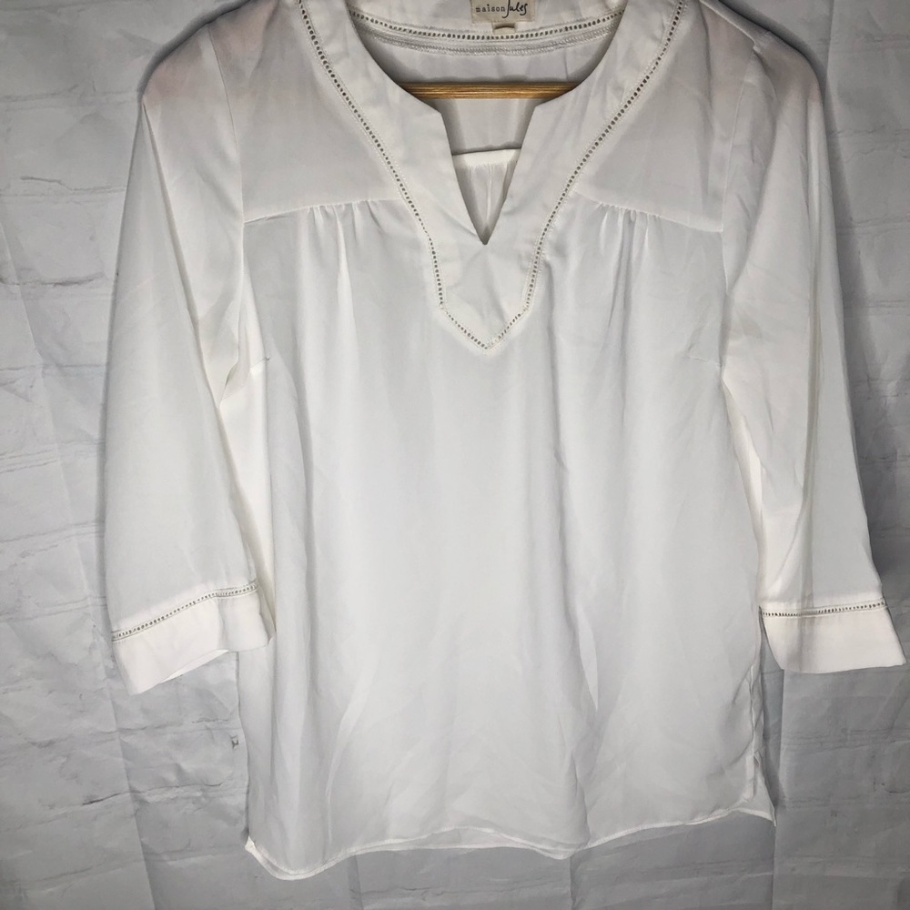 Maison Jules Women’s 3/4 Length Sleeve Laser Cut Detail White Blouse Size Small